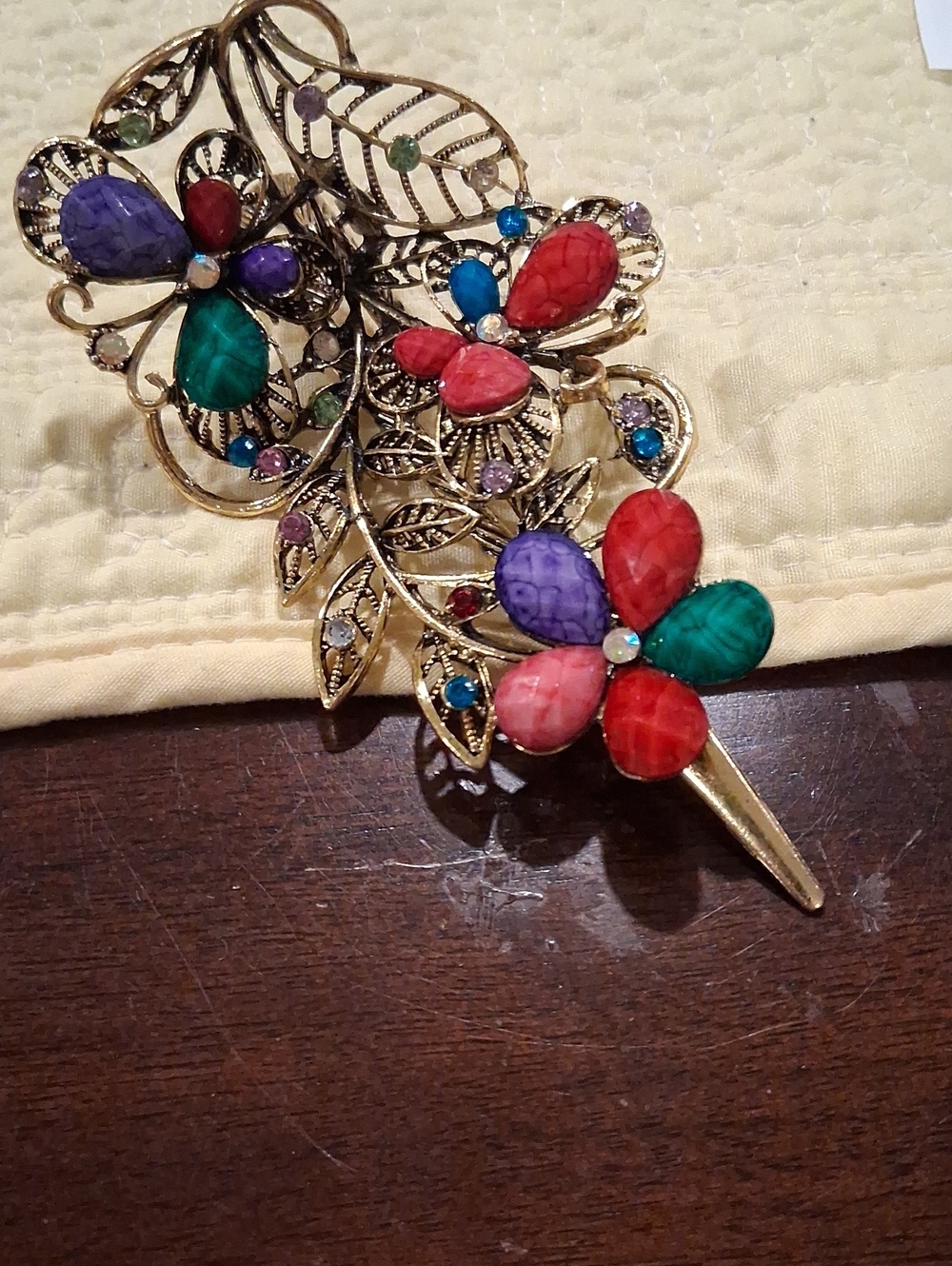 Gold Floral Multicolor Gem Hair Pin - Women’s Decorative Hair Accessory